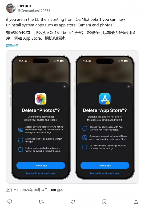 东兴苹果手机维修分享iOS 18.2 支持删除 App Store 应用商店 